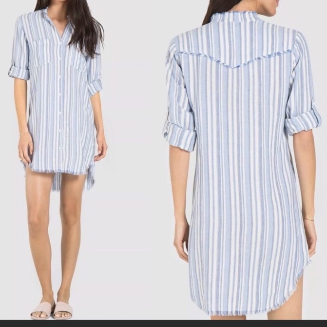 Cloth & Stone Frayed Hem Striped Shirt Dress S